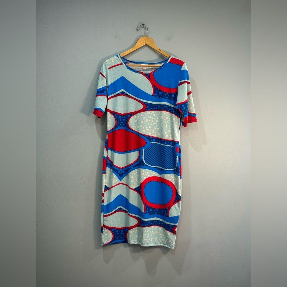 Red/Blue Lularoe S/S Midi Dress Size L EUC - Picture 3 of 6